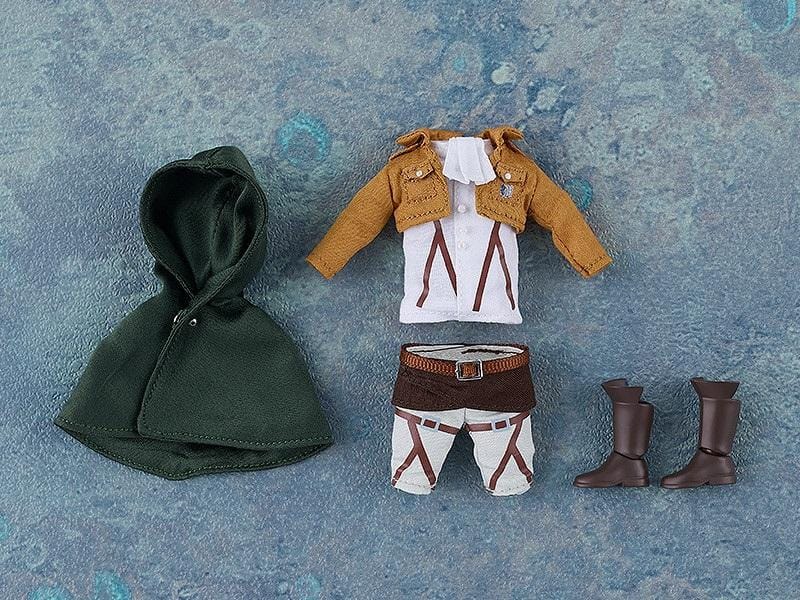 Attack on Titan Nendoroid Doll Levi (Rerelease) featuring a black-haired anime character with gray-blue eyes wearing a brown Survey Corps jacket, white shirt, harness straps, dark green cloak, and tall brown boots.