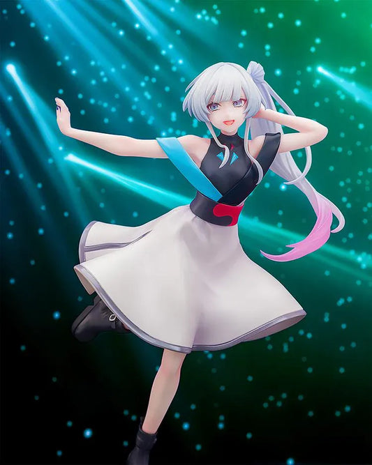 Yachiyo Runami Collaboration Concert Ver. figure with silver and pink-tipped hair, a white concert dress, and black boots, posed with one leg lifted.