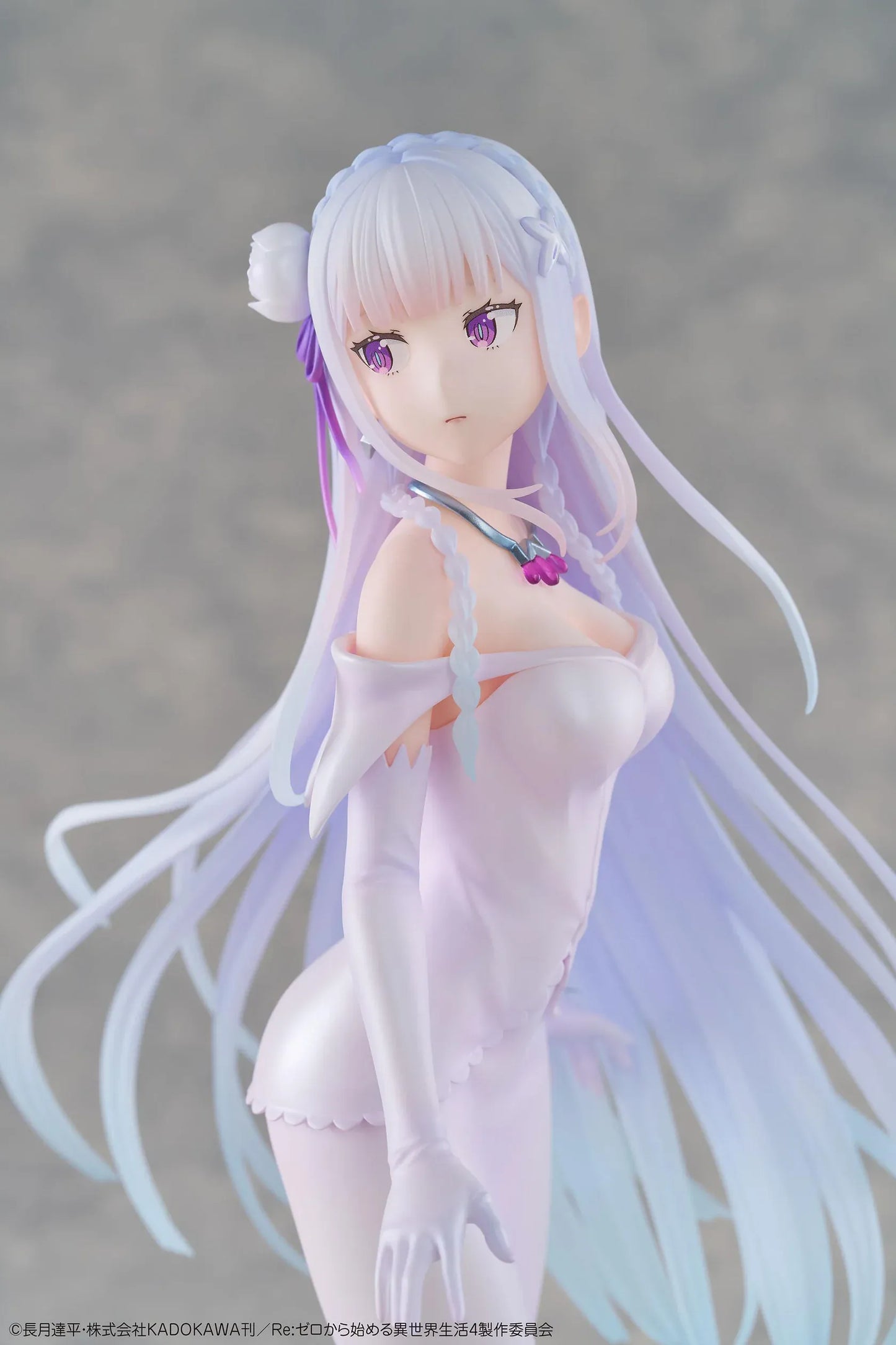 Re Zero Emilia Wedding Dress Ver. 1/7 Scale Figure wearing an elegant flowing white bridal gown with silver hair and floral accessories