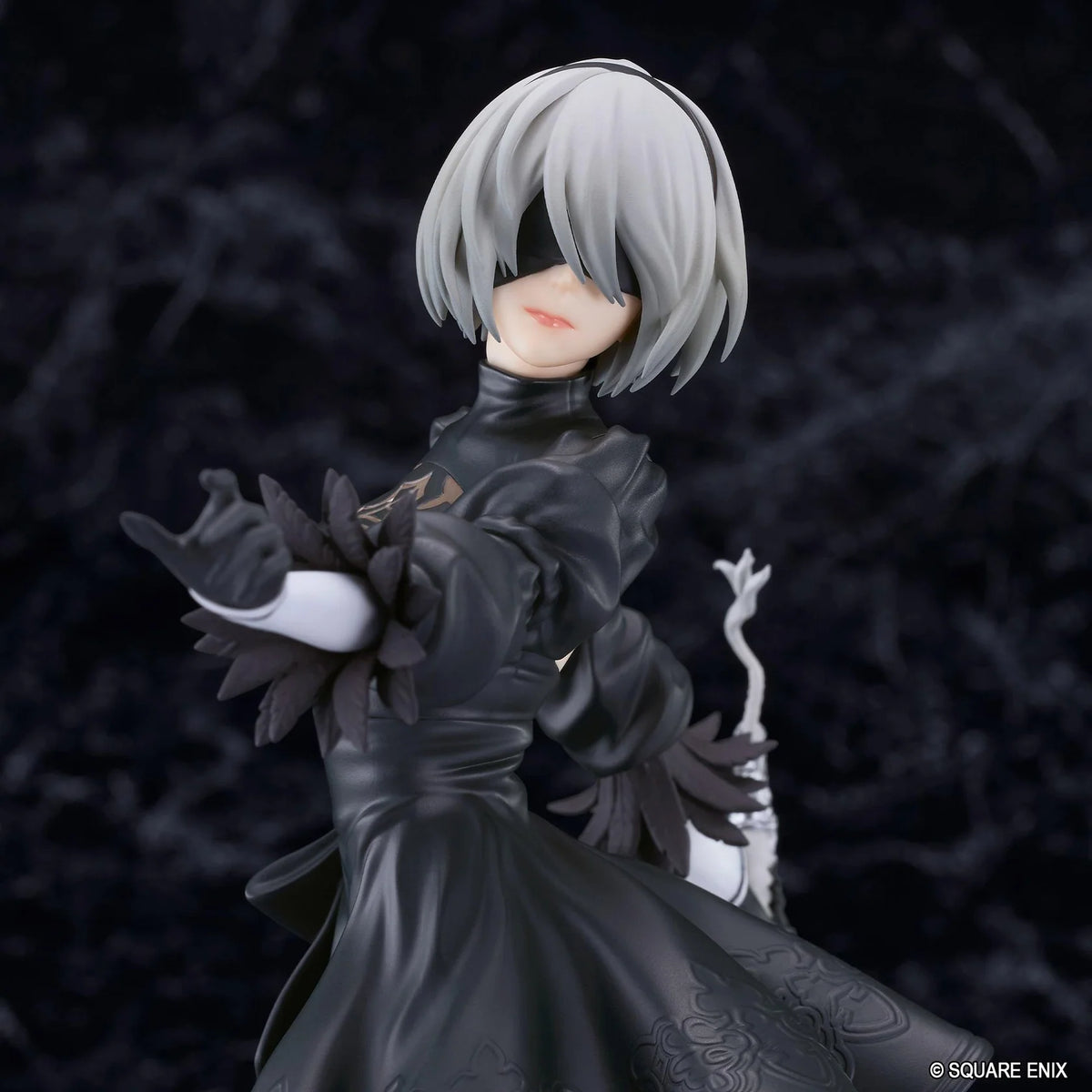 NieR POP UP PARADE 2B YoRHa No.2 Type B L Size Figure featuring a silver-white-haired android wearing a black gothic combat dress, thigh-high boots, and black gloves while holding a large sword on a circular display base.