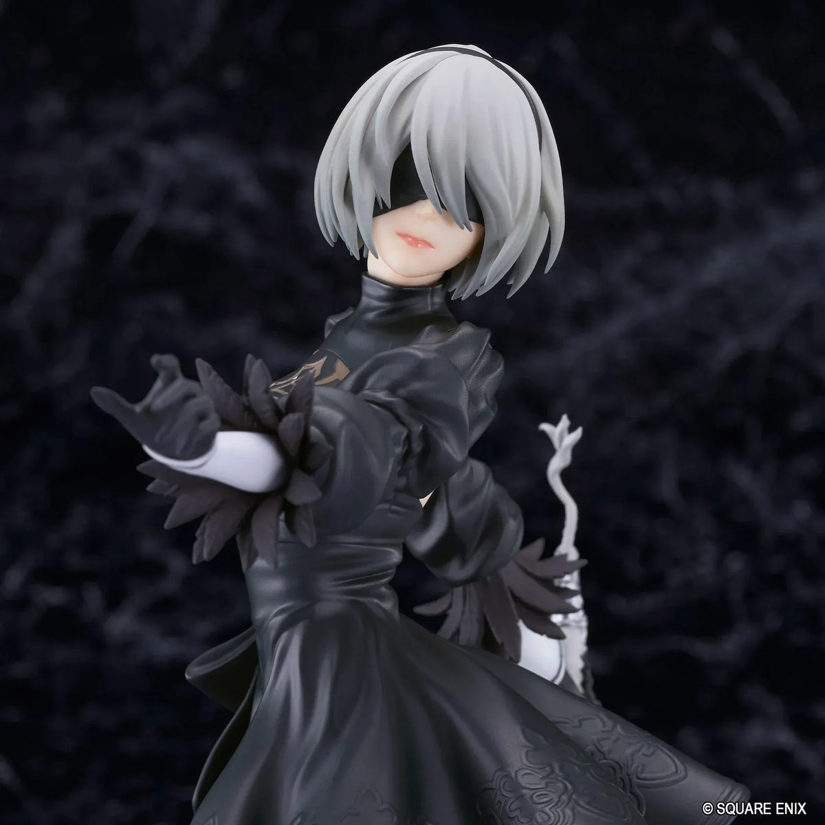 NieR POP UP PARADE 2B YoRHa No.2 Type B L Size Figure featuring a silver-white-haired android wearing a black gothic combat dress, thigh-high boots, and black gloves while holding a large sword on a circular display base.