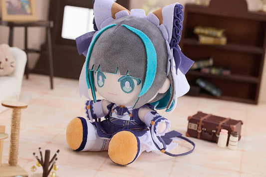 Azur Lane Cheshire Punipuni plushie with gray and teal hair, cat ears, embroidered eyes, and navy outfit sitting pose