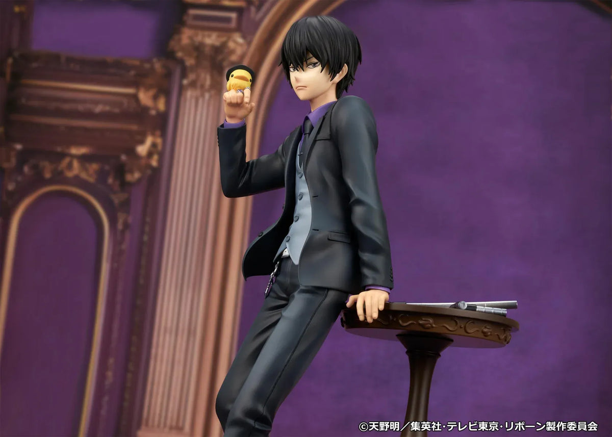 REBORN! Kyoya Hibari Scale Figure featuring a black-haired anime character wearing a black suit, purple shirt, gray vest, and tie, leaning against a wooden table with tonfa weapons while holding his yellow bird companion Hibird.