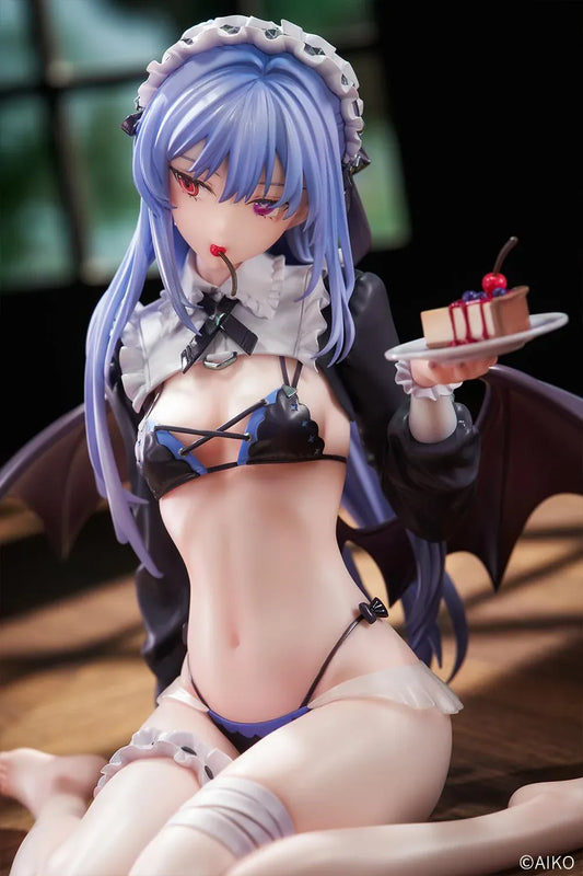 NIYA Maid Ver. figure illustrated by AIKO, with blue hair, a frilled headband, dark wings, and a dessert plate, seated on a wood-patterned base.