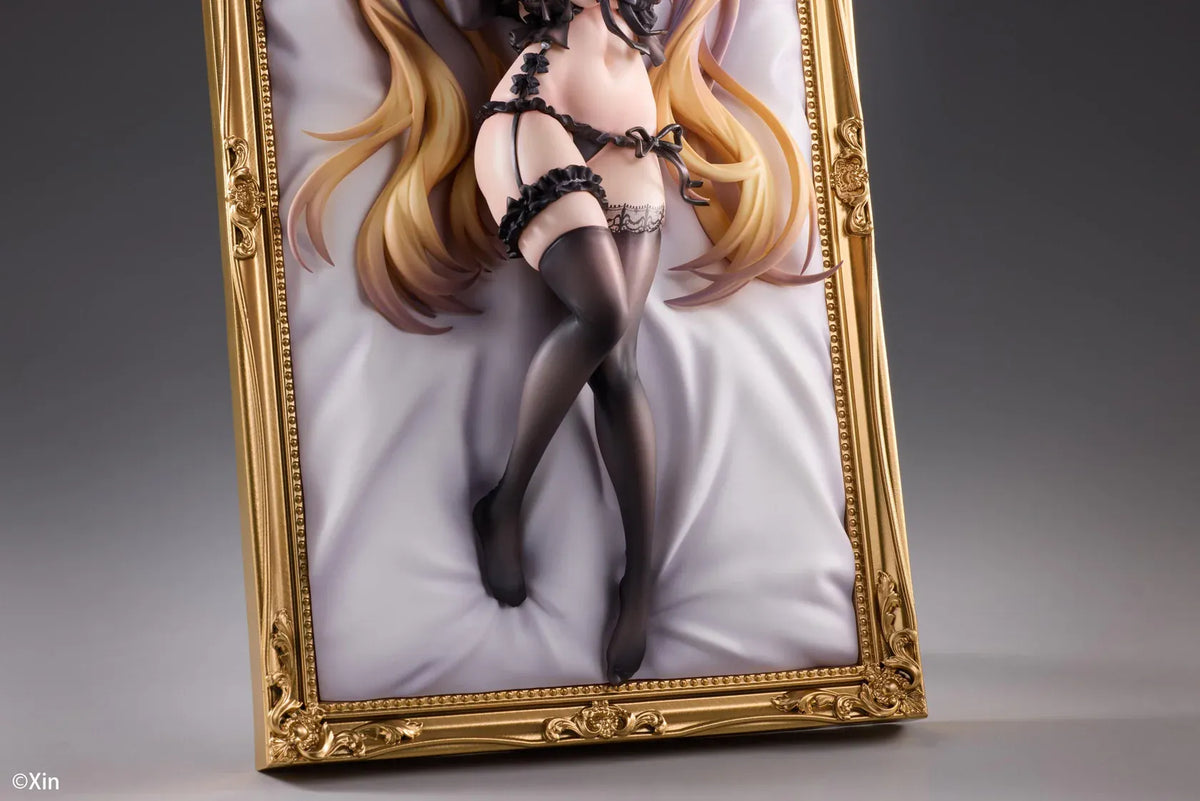 Stella Black Cat Ver. Deluxe Edition 1/7 Scale Figure illustrated by Xin, featuring a blonde-haired catgirl with red eyes, black lace lingerie, cat ears, and thigh-high stockings displayed in an ornate golden frame with a matching illustrated wall scroll.