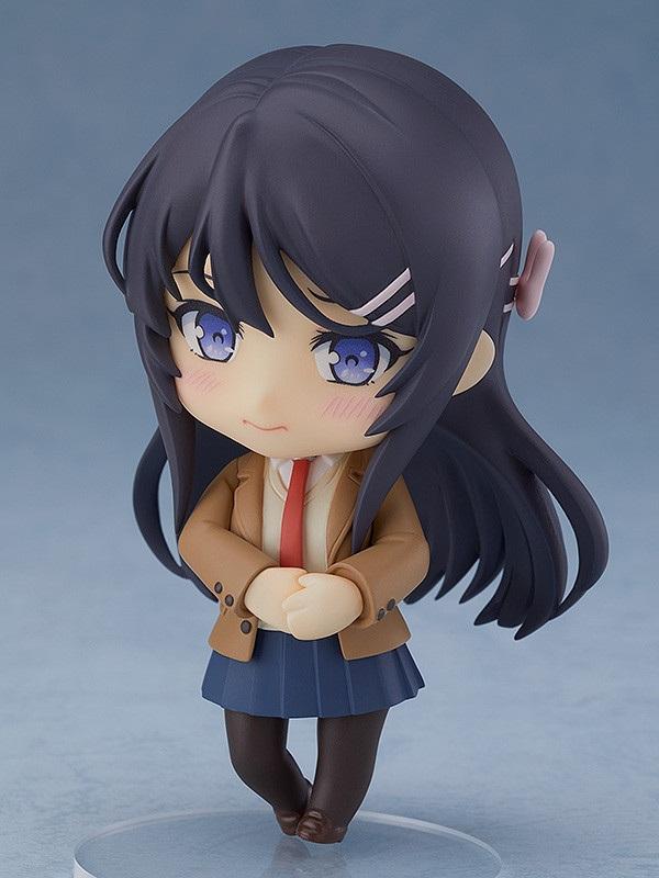 Rascal Does Not Dream of Bunny Girl Senpai Nendoroid Mai Sakurajima Figure (Rerelease) featuring a black-haired anime girl with blue eyes wearing a brown school blazer, red necktie, navy-blue pleated skirt, dark tights, and holding a black bunny ears accessory.