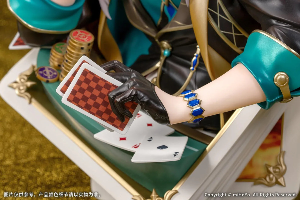 Honkai Star Rail Diorama Aventurine Inherently Unjust Destiny Ver. Non-Scale Figure featuring a blonde-haired character with purple eyes, glasses, a black and teal outfit with gold accents, and a white fur collar surrounded by playing cards, poker chips, and an ornate casino backdrop.