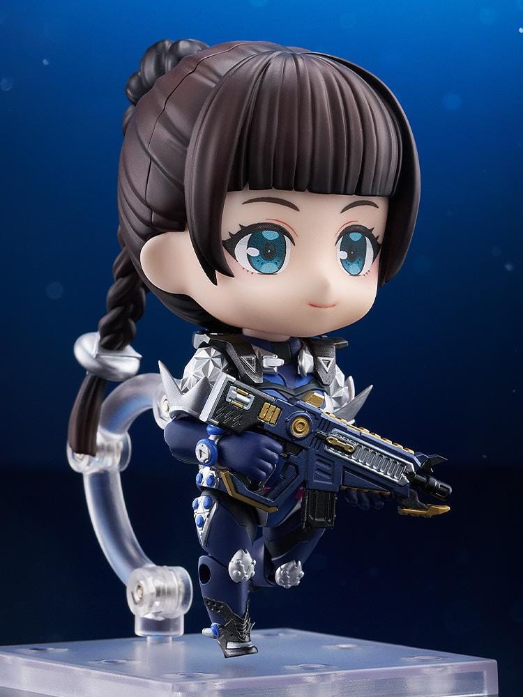 The First Descendant Nendoroid Bunny Figure with blue and silver futuristic armor, bunny helmet, pink visor, and chibi design