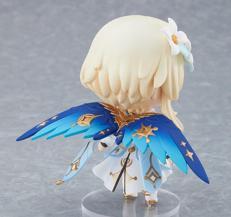Genshin Impact Nendoroid Traveler Figure Lumine Rerelease featuring Lumine with blonde hair, golden eyes, white-and-blue fantasy outfit, flower hair accessory, and sword accessory.
