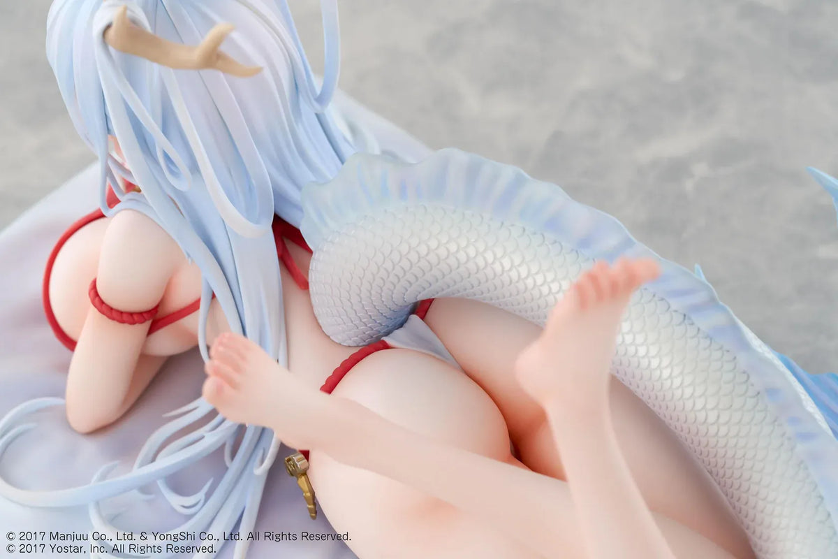 Azur Lane Shimanto 1/7 scale figure reclining on a pale cushion with icy-blue hair, branching horns, a red outfit, and a curling dragon tail.