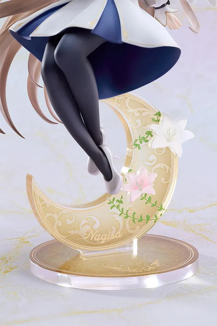 Blue Archive G.S. Collection Nagisa Radiance in Bloom 1/7 Scale Figure with white angel wings, floral halo, flowing uniform, and decorative crescent moon base