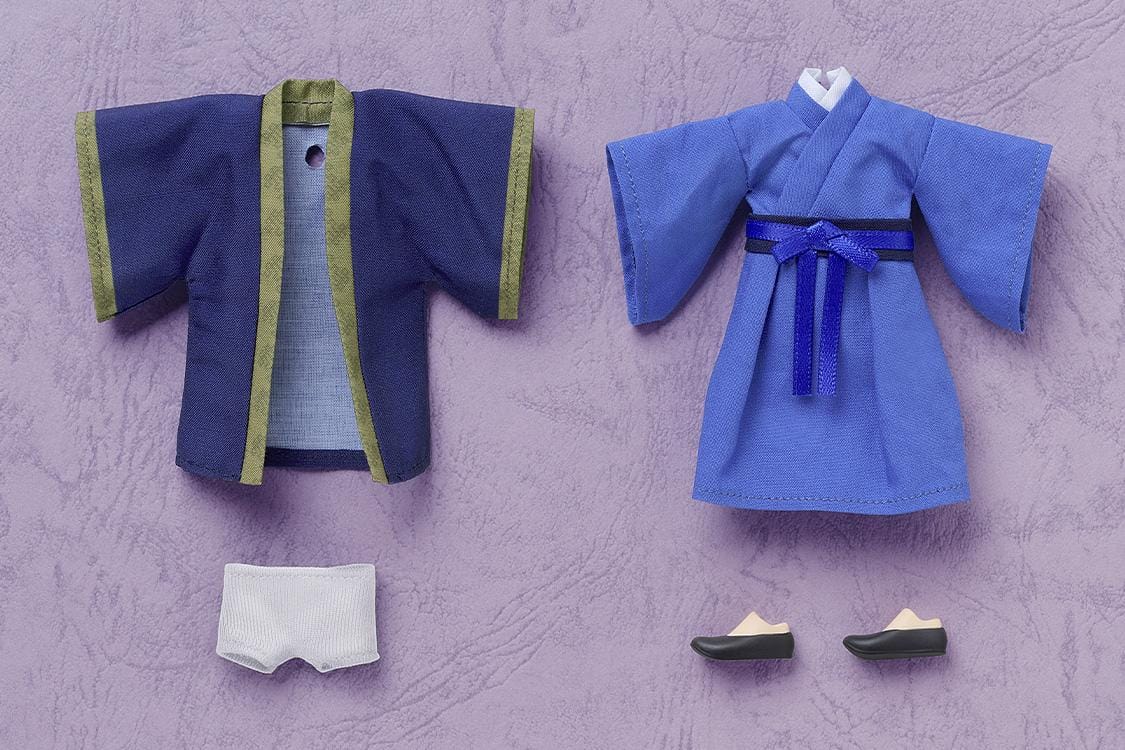 The Apothecary Diaries Nendoroid Doll Jinshi wearing traditional blue and purple fabric robes