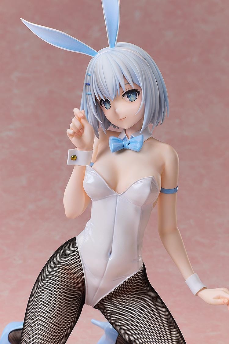 Anime scale figure of Date A Live’s Origami Tobiichi in a white and blue bunny outfit, kneeling with one hand raised to her ear and wearing real fishnet stockings.