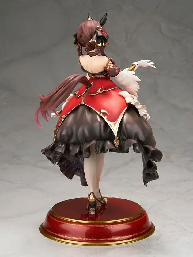 Umamusume Pretty Derby Gentildonna 1/7 Scale Figure featuring a brown-haired horse girl with a playful wink, an elaborate black, red, and gold outfit, flowing decorative fabric, white ruffles, ornate accessories, elegant stockings, and gold-accented heels standing on a red and gold circular display base.