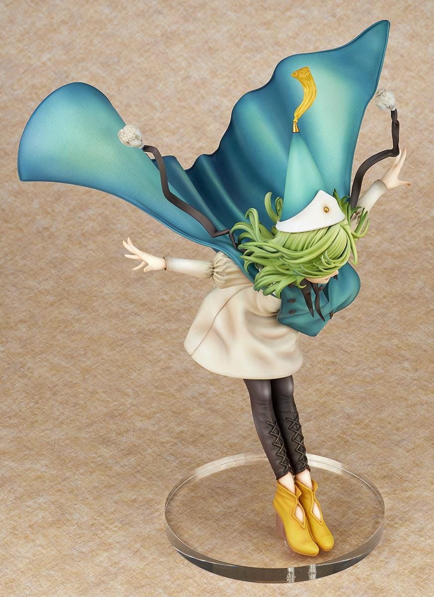 Witch Hat Atelier Coco 1/6 scale figure in a dynamic airborne pose wearing a pointed witch hat, cream dress, teal cloak, and golden shoes.