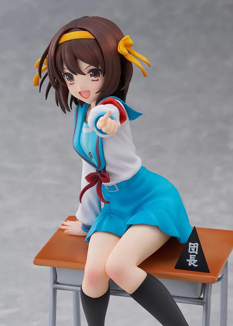 Haruhi Suzumiya 20th Anniversary 1/7 scale figure sitting on desk in school uniform
