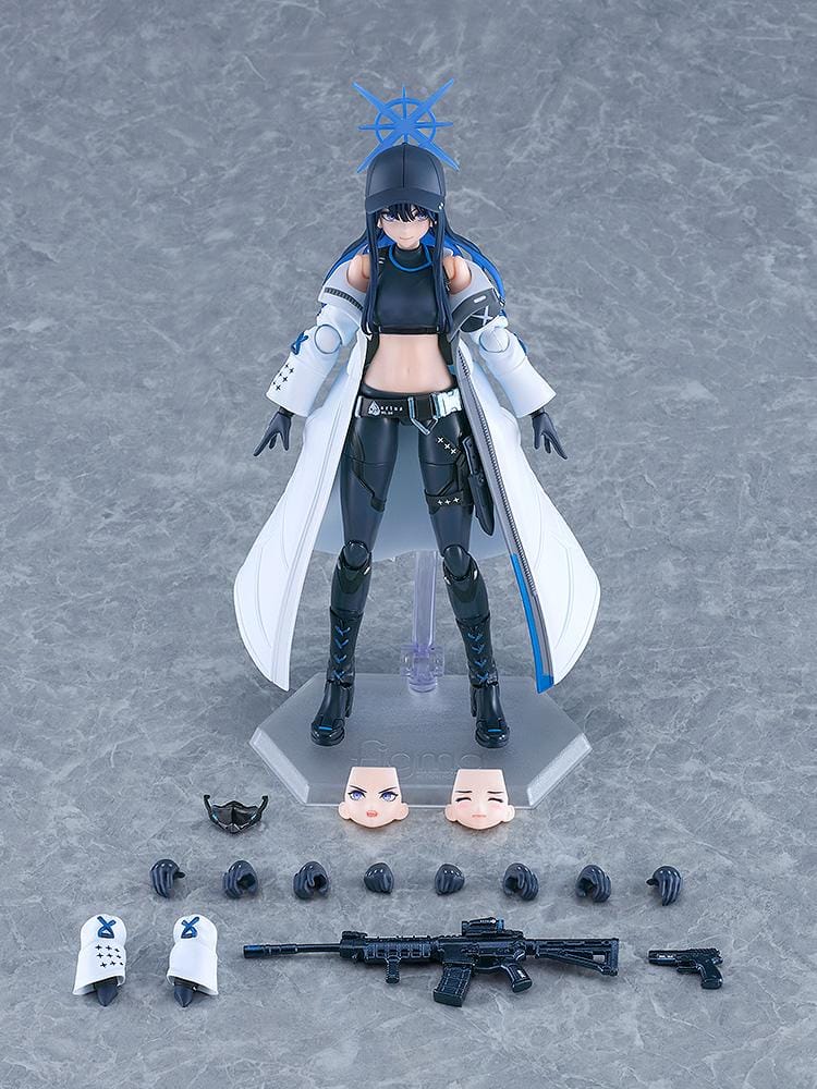 Blue Archive figma Saori Joumae figure featuring Saori in a tactical black outfit, white coat, cap, face mask, and weapon accessory