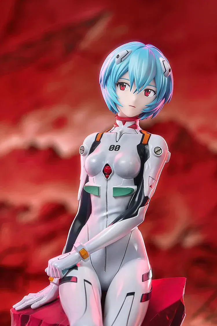 Rebuild of Evangelion Rei Ayanami 1/7 scale figure seated on red battle-style base in white plugsuit