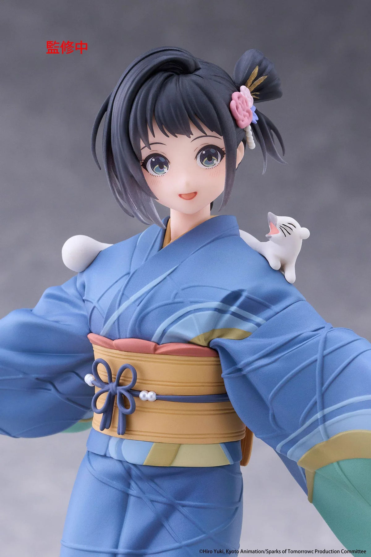 Sparks of Tomorrow Inako Momokawa Coreful Figure featuring a dark-haired anime girl with a pink floral hair accessory, blue kimono with gold and green accents, golden obi, brown boots, and a small white cat perched on her shoulder, standing on a textured circular base.