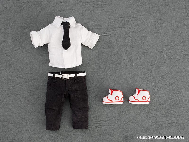 Chainsaw Man Nendoroid Doll Denji Rerelease featuring Denji in a chibi doll design with blonde hair, sharp grin, white shirt, black tie, black pants, and sneakers.