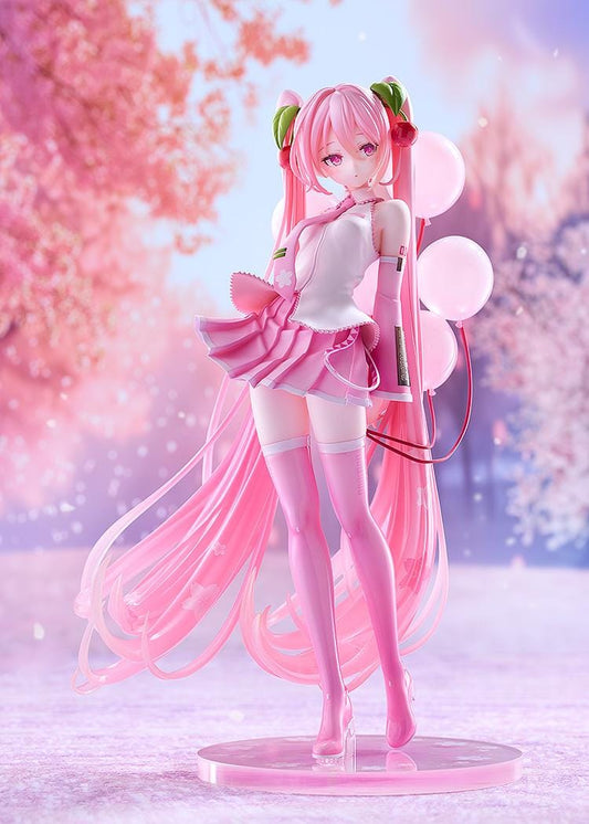 Sakura Miku figure with long pink twin-tails, cherry hair ornaments, a white and pink outfit, pink boots, and translucent balloons on a floral pink base.