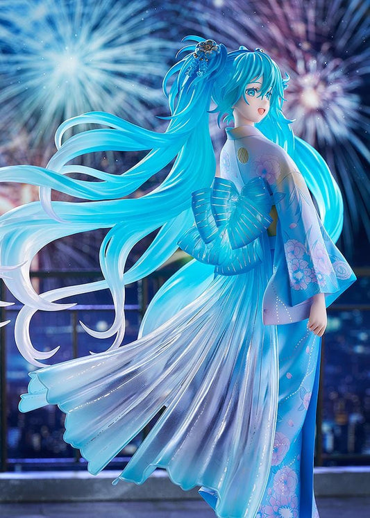 Vocaloid Hatsune Miku Music and Fire Works Ver 1/7 Scale Figure wearing a blue yukata with flowing turquoise twin tails and fireworks display base