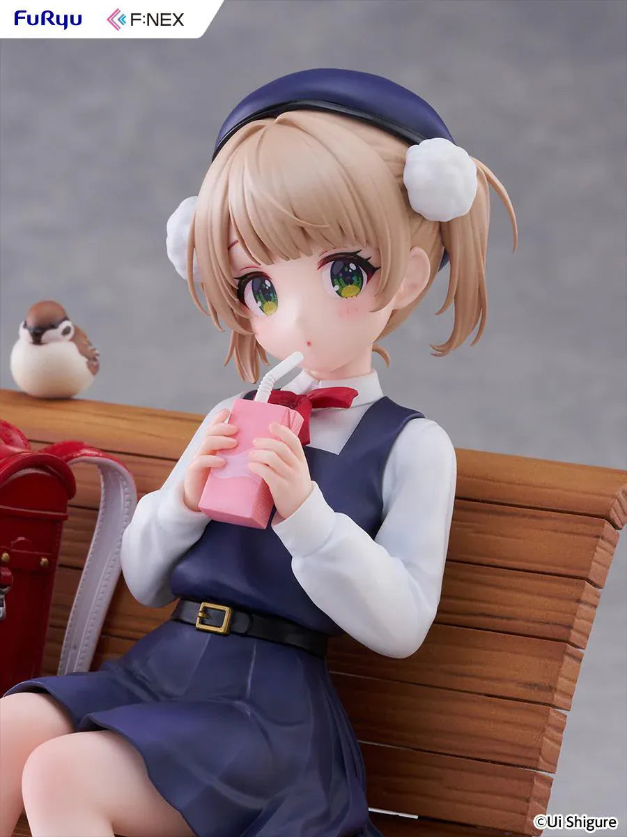 Ui Shigure Ui Shigure 9 Years Old 1/7 Scale Figure seated on a park bench with school bag, drink, and bird companion