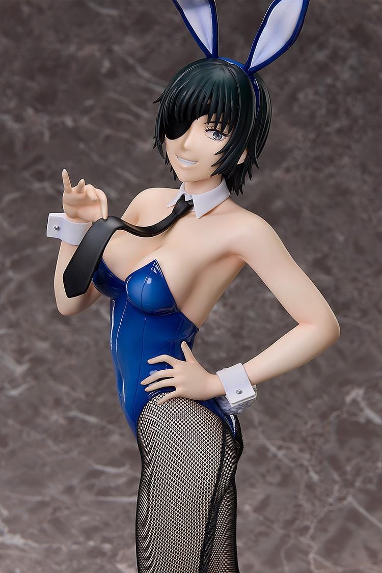 Chainsaw Man B-Style Himeno (Bunny Ver.) 1/4 Scale Figure wearing a glossy blue bunny suit, fishnet tights, and heels, standing confidently.