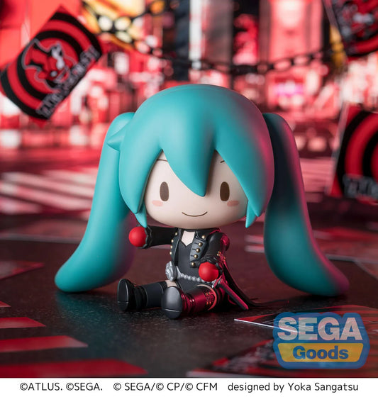 Hatsune Miku chibi figure with turquoise twin-tails wearing a black Persona 5 Royal-inspired outfit with red gloves.