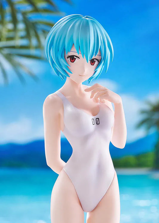 Rebuild of Evangelion POP UP PARADE BEACH QUEENS Rei Ayanami One-Piece Style L Size Figure featuring Rei with short blue hair, red eyes, and a white one-piece swimsuit.