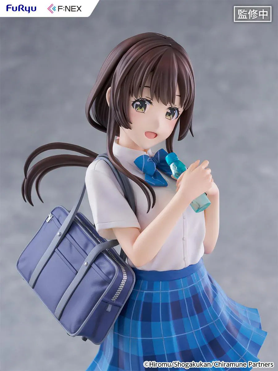 Chitose Is in the Ramune Bottle Yua Uchida 1/7 Scale Figure with brown hair, blue plaid skirt, school uniform outfit, shoulder bag, drink bottle accessory, and display base