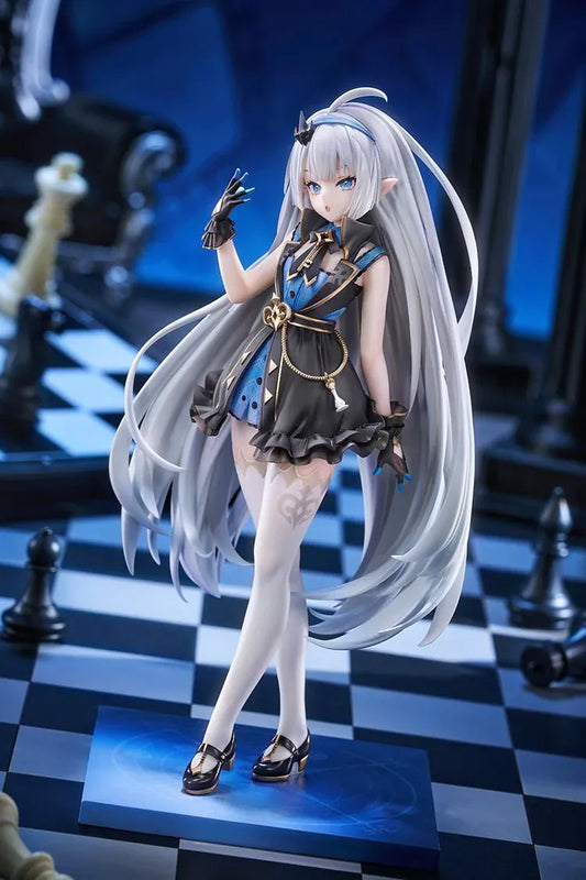 Stella Sora female Tyrant 1/7 scale figure with long silver-blue hair, a black-and-blue ruffled outfit, white stockings, and a blue display base.