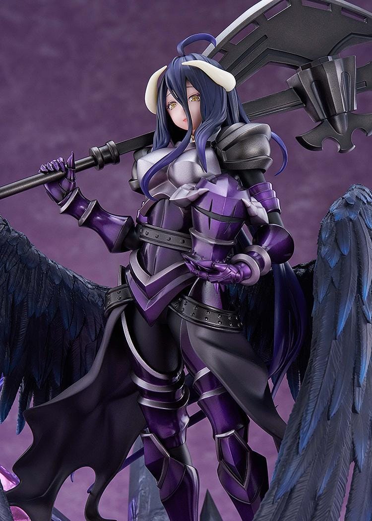 Albedo Hermes Trismegistus Ver. 1/7 scale figure in purple and silver armor, with dark feathered wings, a large black weapon, and a purple crystal base.