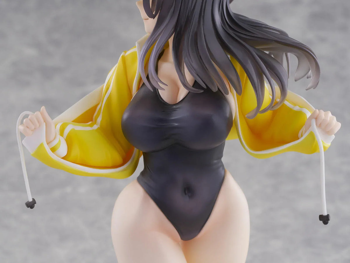 KoiKoi Sakura Kyou kara Suieibu Komon no Tama-chan Sensei 1/6 Scale Figure featuring a dark-haired anime woman with golden eyes wearing a black swimsuit, yellow athletic jacket, and white cap with a yellow brim, posing barefoot on a transparent circular base.