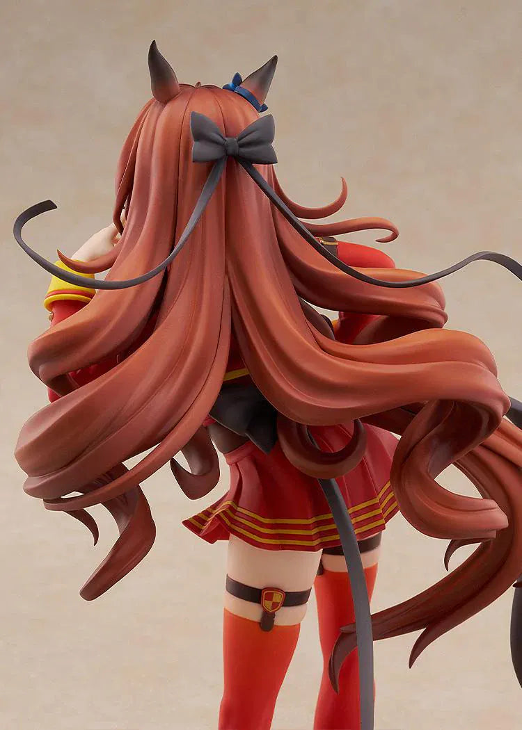 1/7 scale Uma Musume: Pretty Derby Maruzensky Signature Racewear Ver. figure, winking and posing in a red race uniform with long flowing brown hair and decorative horseshoe base.