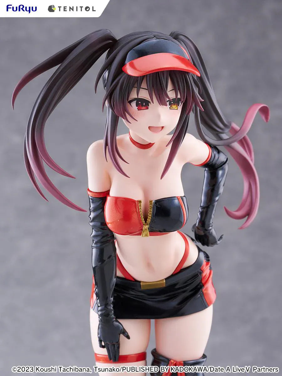 Date A Live V Tenitol Tall Kurumi Tokisaki Race Queen Ver. Figure featuring Kurumi with twin-tail hair, black-and-red race queen outfit, visor, gloves, and thigh-high boot styling.