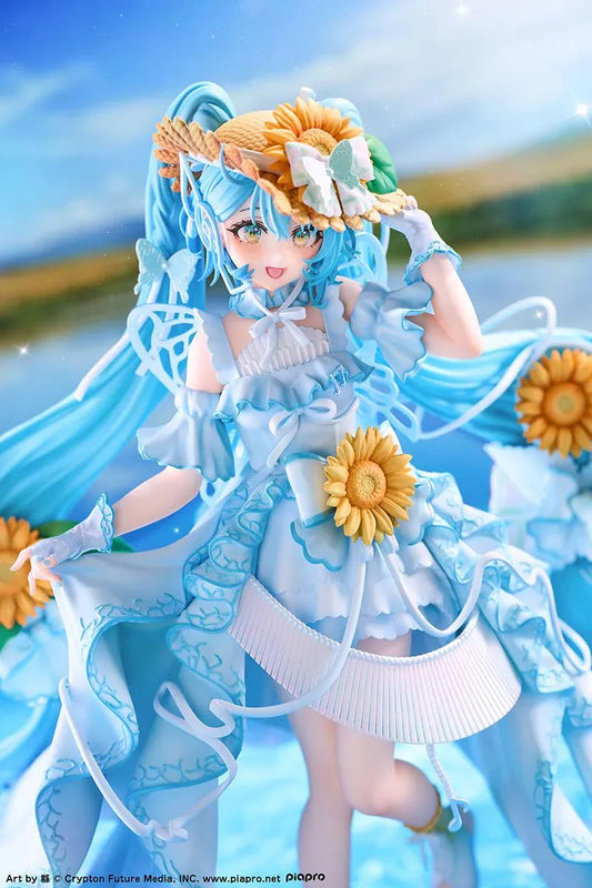 Vocaloid Hatsune Miku Magical Mirai 2026 Ver. 1/7 scale figure wearing a flowing blue dress decorated with sunflowers and elegant ribbons
