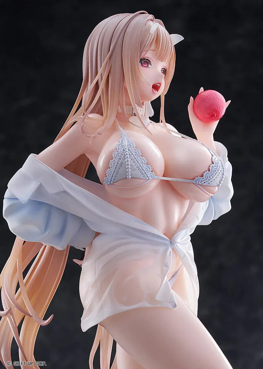 GODDESS OF VICTORY NIKKE Viper Shine of Love 1/7 Scale Figure with long hair, white beachwear-inspired outfit, apple accessory, and beach display base
