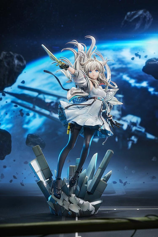 Arknights Endfield Perlica 1/7 Scale Figure featuring Perlica with flowing silver hair, animal ear details, futuristic white outfit, weapon accessory, and crystal-style display base.