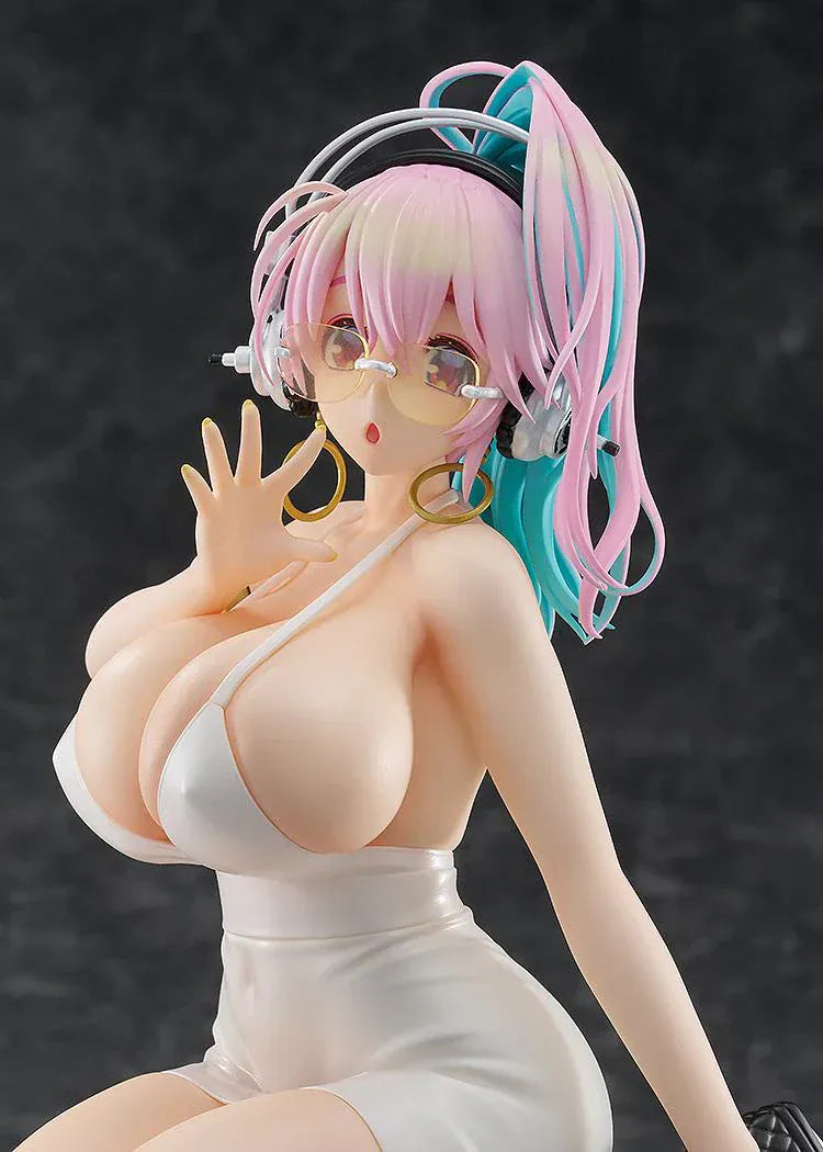 Nitroplus Pop Up Parade L Super Sonico 15th Mini Dress Ver figure kneeling in white dress with headphones and pastel hair