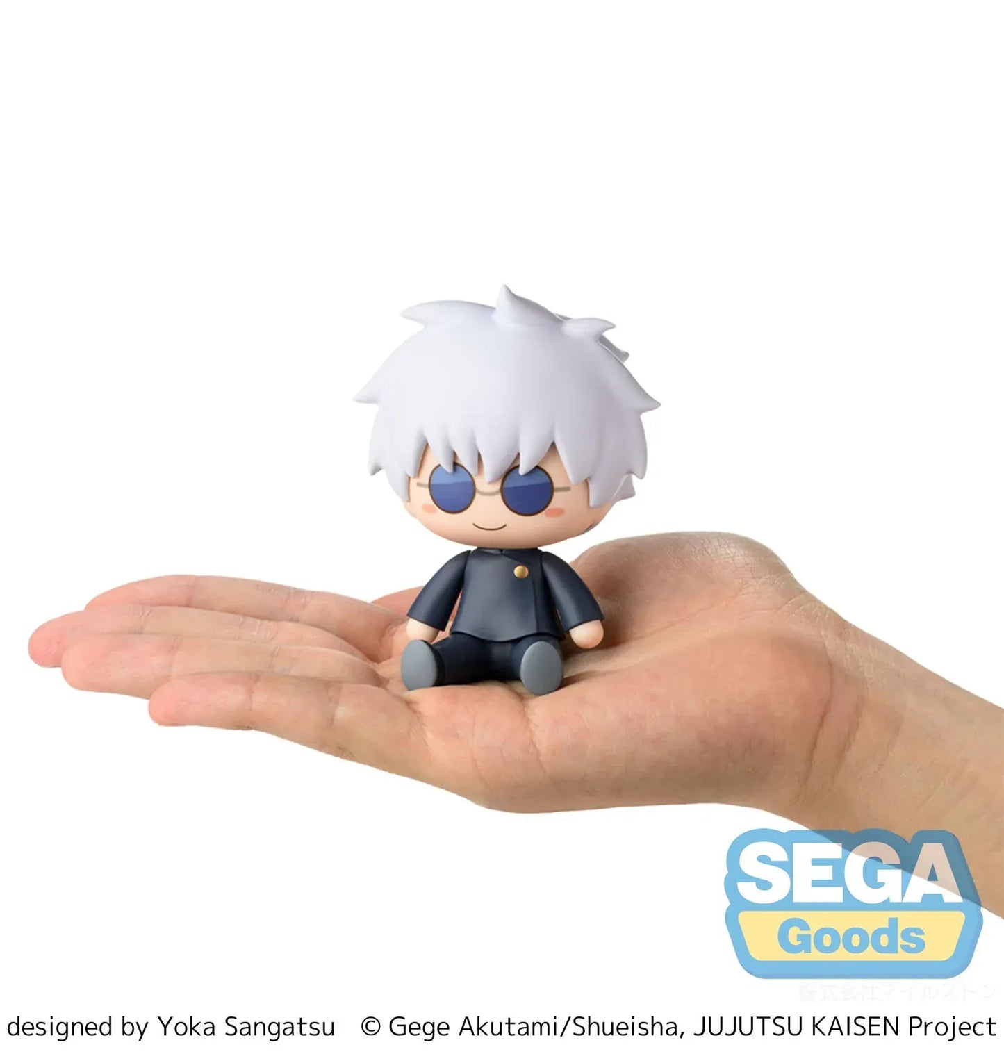 Chibi Satoru Gojo Fuwa Petit figure sitting on the floor with blue glasses and fluffy white hair from Jujutsu Kaisen.
