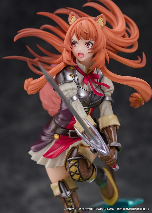 Raphtalia 1/7 scale figure from The Rising of the Shield Hero in dynamic leaping pose with sword, flowing hair and tail, and magical shield base.