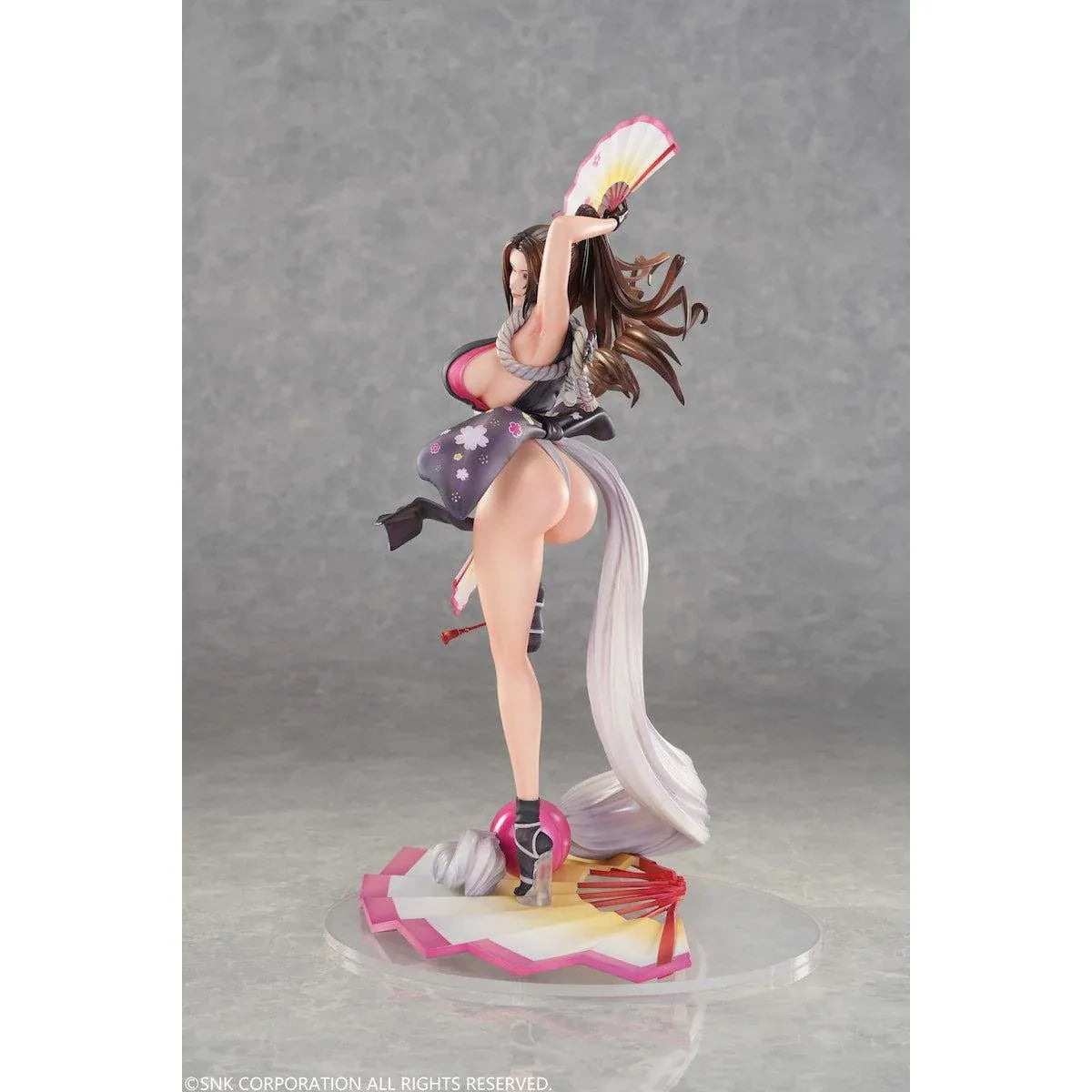 The King of Fighters x MA-Man Mai Shiranui 1/6 scale figure holding two folding fans in a dynamic pose on a fan-shaped base.