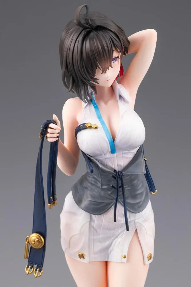 Atelier Yumia The Alchemist of Memories & the Envisioned Land Yumia Liessfeldt Sun Shower Ver. 1/7 Scale Figure featuring a short black-haired anime woman with blue eyes wearing a white outfit, black corset, and black ankle boots while holding a dark strap on a circular display base.