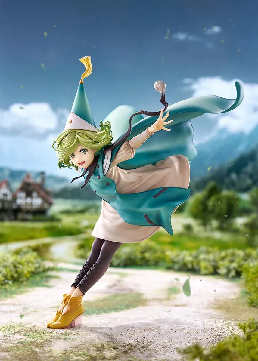 Witch Hat Atelier Coco 1/6 scale figure in a dynamic airborne pose wearing a pointed witch hat, cream dress, teal cloak, and golden shoes.