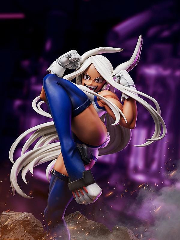 My Hero Academia Mirko 1/4 Scale Figure mid-kick pose with white hair, blue suit, and smoke-effect base