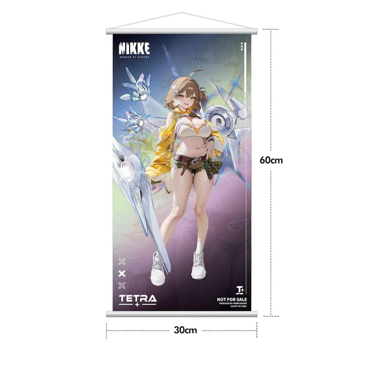 GODDESS OF VICTORY: NIKKE Anis Star Deluxe Edition 1/7 Scale Figure featuring a brown-haired anime girl wearing a yellow jacket, white top, olive-green shorts, and sneakers, surrounded by futuristic mechanical accessories with a matching illustrated wall scroll.