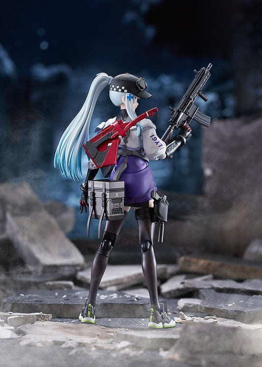 Girls' Frontline 2 Exilium figma Klukai Figure featuring Klukai with light blue hair, tactical outfit, purple jacket, weapon accessory, and futuristic gear details.