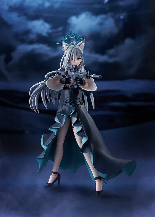 Blue Archive figma Shiroko Terror Figure with silver hair, wolf ears, halo, black outfit, flowing coat, and weapon accessory