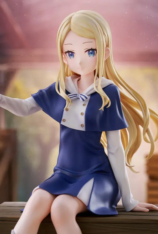 Sasaki and Peeps Elsa 1/7 Scale Figure featuring a blonde-haired anime girl with blue eyes wearing a navy-blue and white outfit, sitting on a wooden crate with a small bird perched on her hand.